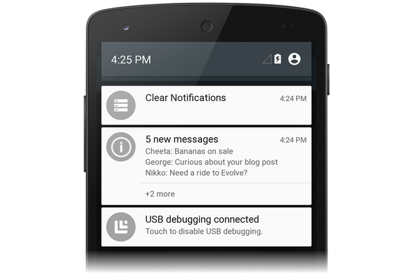 Example notification drawer displaying three notifications