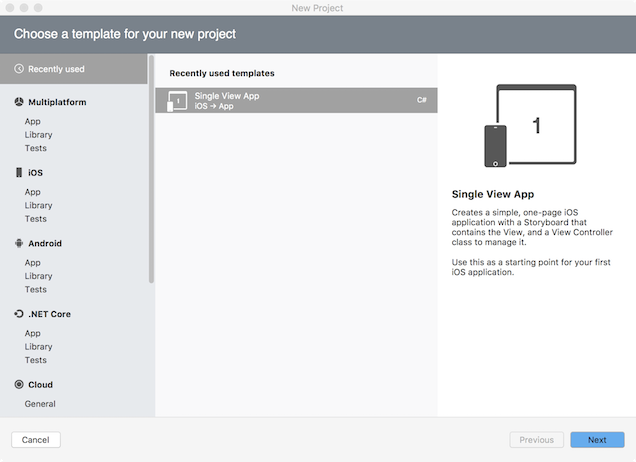 The New Project window, with Single View App selected
