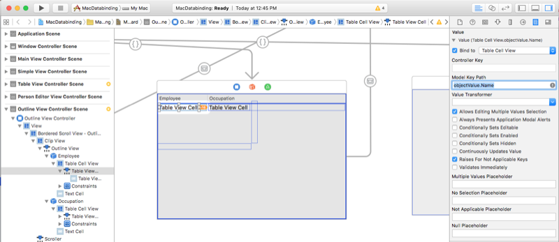 Entering the model key path value objectValue dot Name.