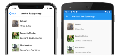 Screenshot of a CollectionView with item spacing, on iOS and Android