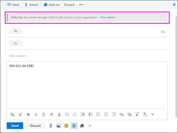 Policy tip at the top of a message being composed.