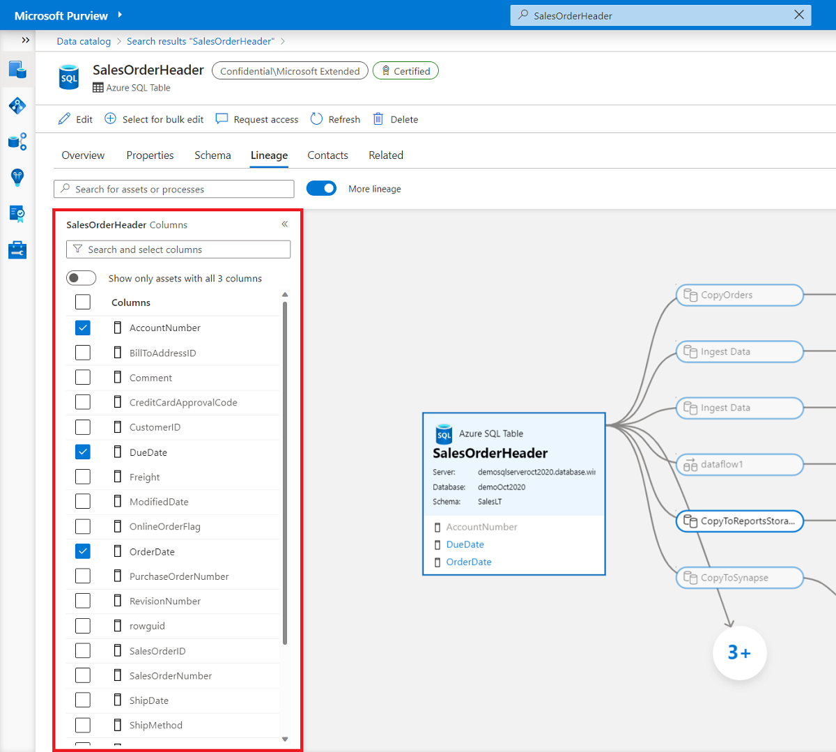 Screenshot showing how to select columns to display in the lineage page.