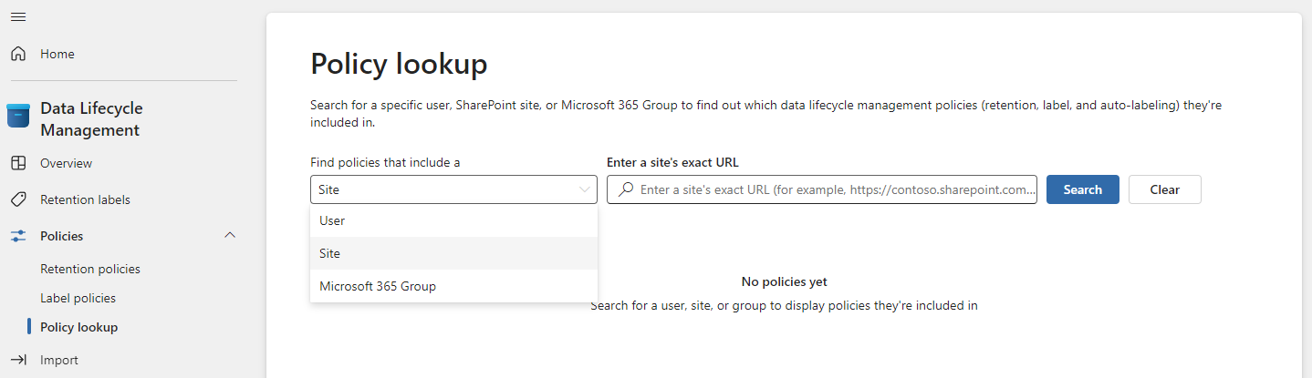 Policy lookup to find the policies for retention that are assigned to specific users, sites, and Microsoft 365 groups 