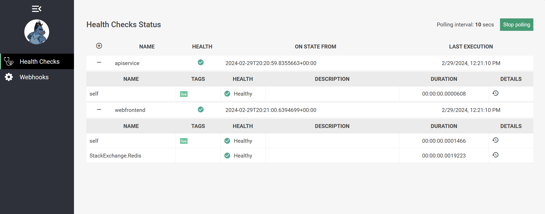 Screenshot of the HealthChecksUI