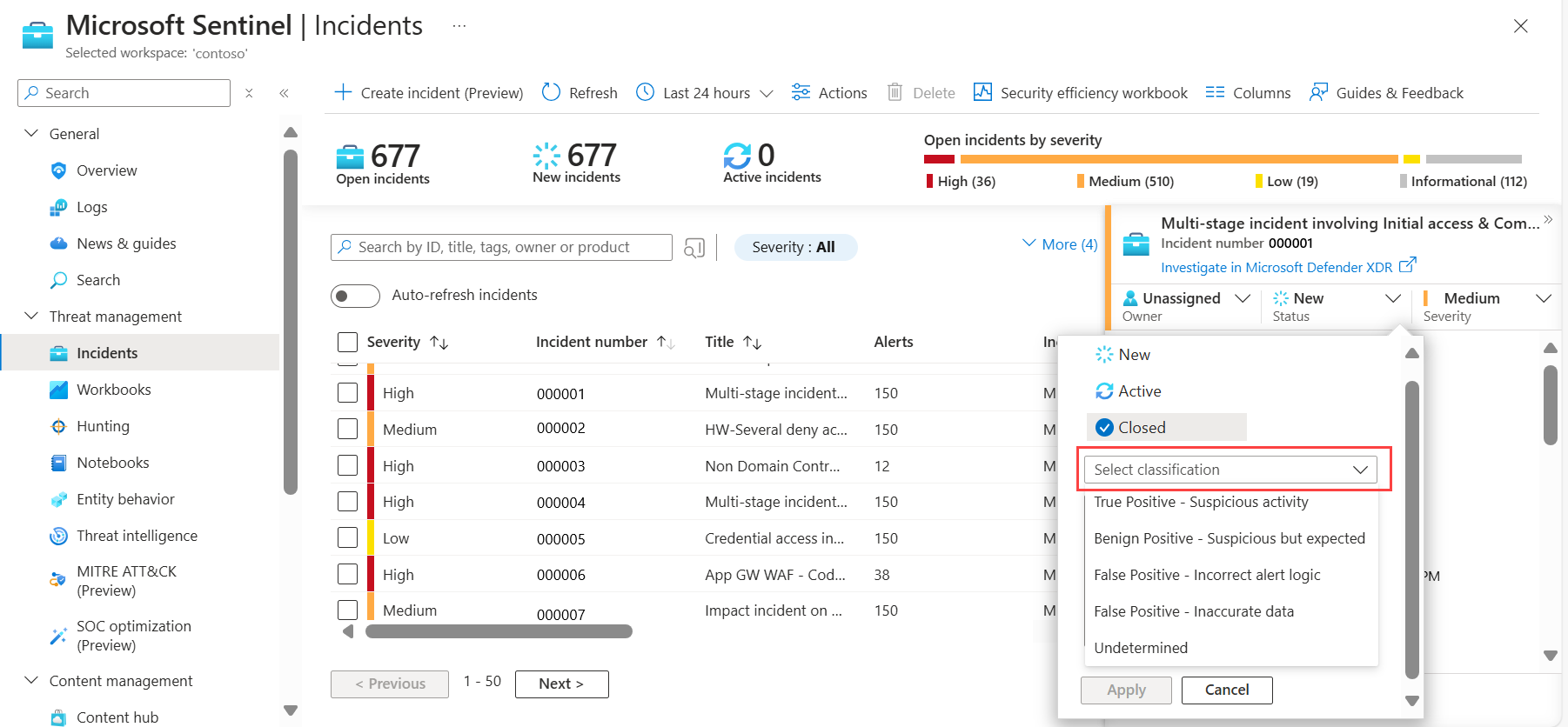 Screenshot of resolving an incident in Microsoft Sentinel.