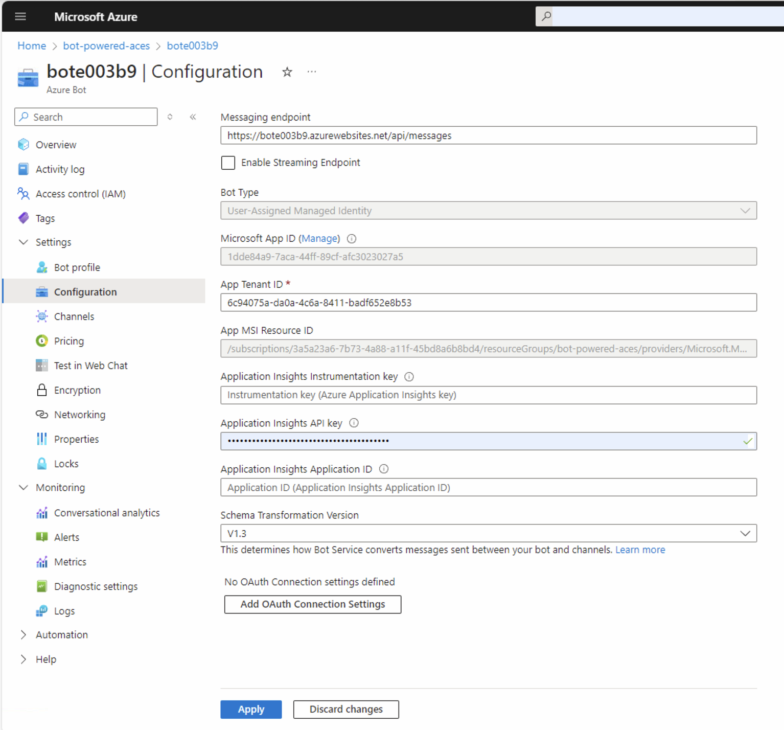 The configuration panel for an Azure Bot. It includes settings about Messaging Endpoint URL, the Microsoft App ID, the Application Insights keys, the Schema Transformation Version, and the OAuth Connection settings.