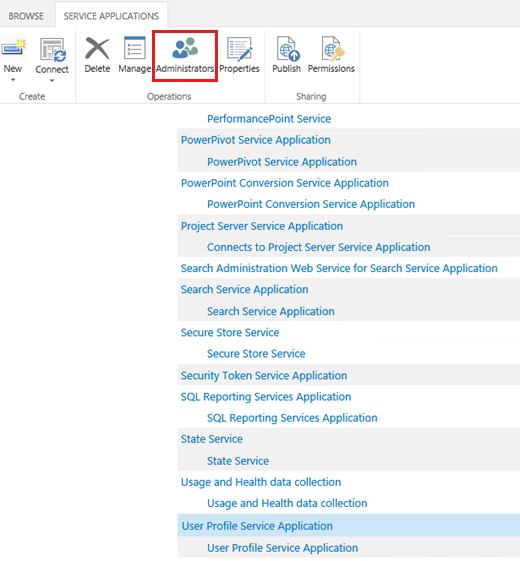 Schermopname van het selecteren van de optie Administrators op het tabblad Servicetoepassingen.