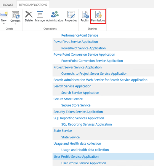 Schermopname van het selecteren van de optie Machtigingen op het tabblad Servicetoepassingen.