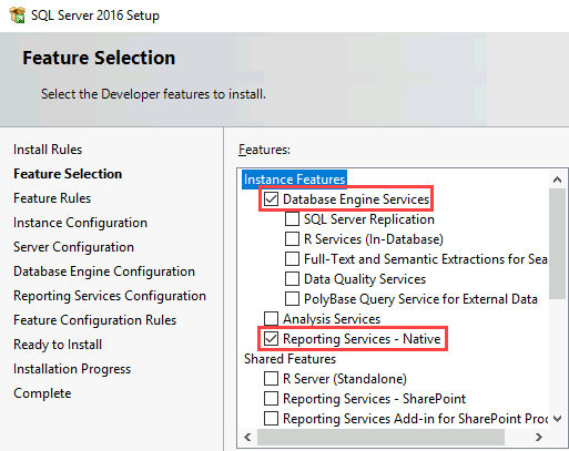 Screenshot of the Feature Selection page in the installation wizard. Database Engine Services and Reporting Services - Native are highlighted.