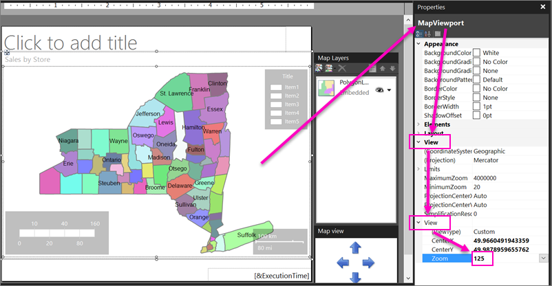 Screenshot that shows how to adjust the zoom of the Report Builder map.