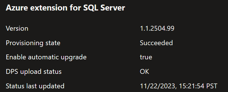 Schermopname van portal voor Azure-extensie voor SQL Server in een goede status.