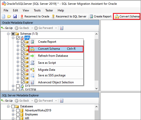 Schermopname van de opdracht Schema converteren in het deelvenster Oracle Metadata Explorer.