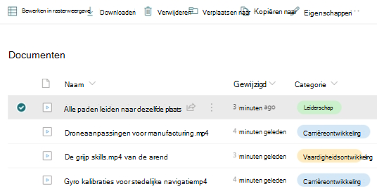 Een lijst met video's in een documentbibliotheek met elk een aangepaste kolom met de naam 'Categorie' ingevuld met de waarden 'Leiderschap', 'Carrièreontwikkeling' en 'Vaardigheidsontwikkeling'.