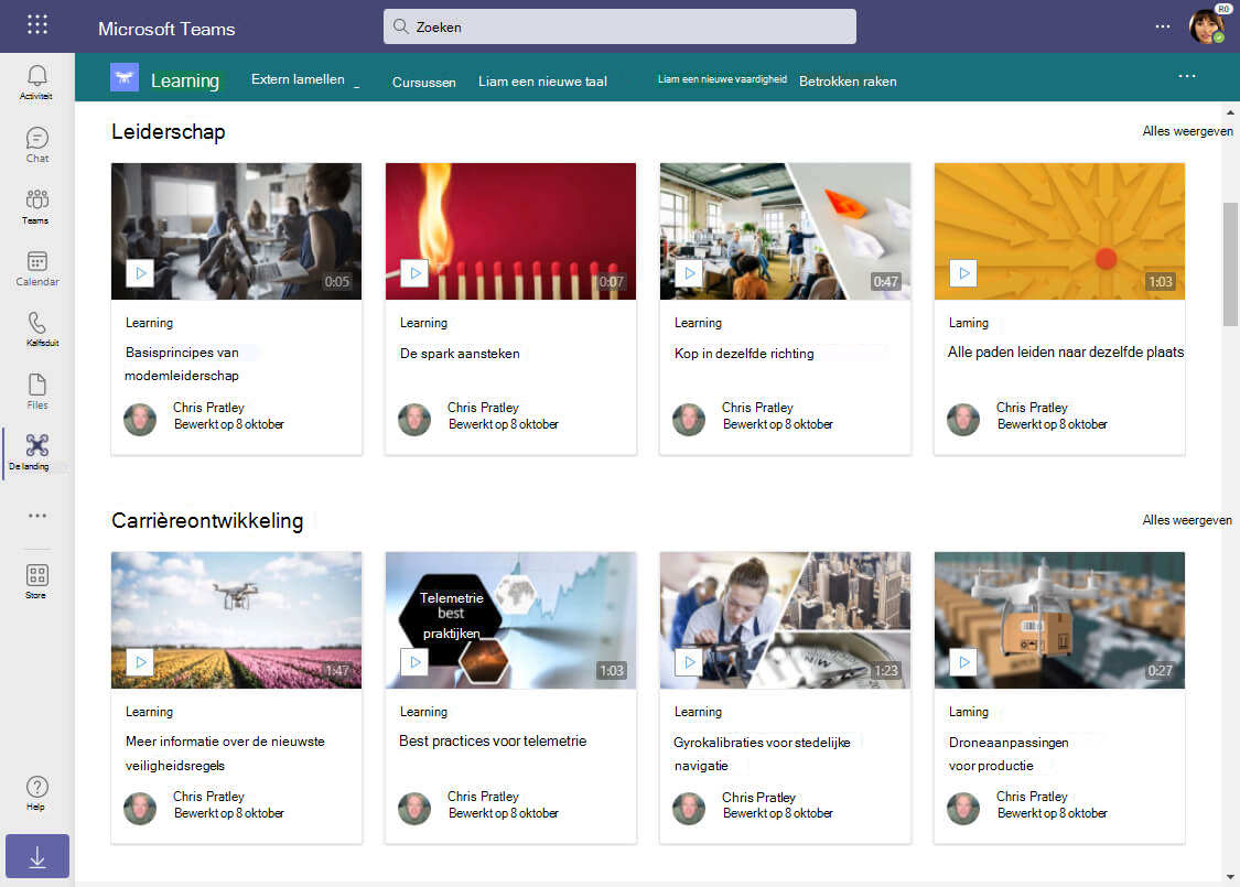 Leersite die wordt weergegeven via Viva Connections als een tabblad in Teams. Op de pagina worden een reeks 'leiderschapsvideo's' weergegeven, evenals video's voor 'carrièreontwikkeling' met behulp van twee gemarkeerde inhoudswebonderdelen.