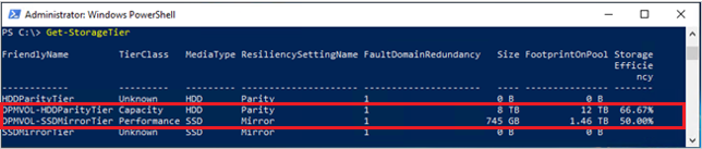 Schermopname van het eindresultaat van Get StorageTier command-let.