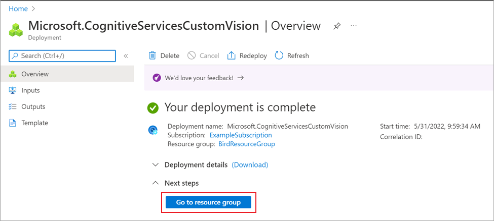 Schermopname van de pagina voltooide implementatie in Azure Portal, met de knop Ga naar resource gemarkeerd.