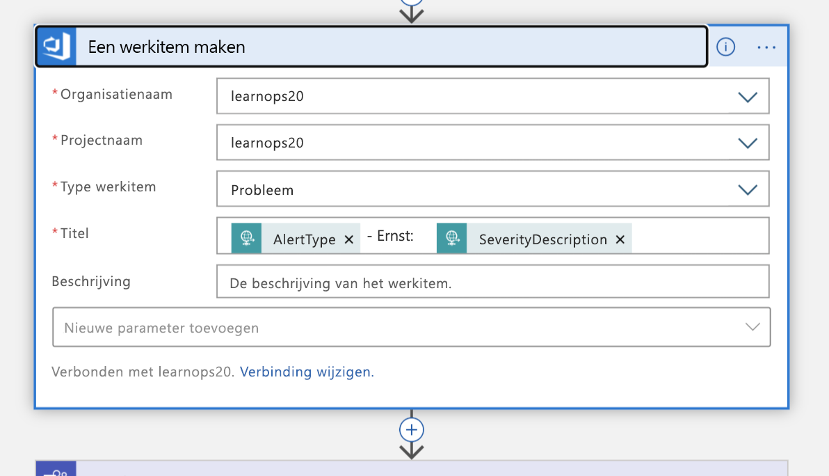 Screenshot of the Create a work item block in Logic App Designer view of the Logic App.