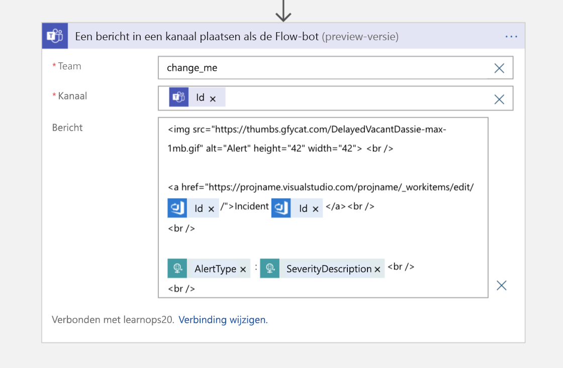 Screenshot of the Post a message as the Flow bot channel block in Logic App Designer view of the Logic App.