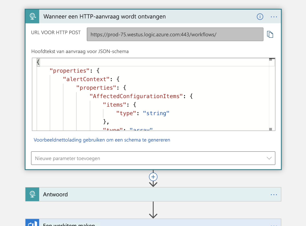 Screenshot of the HTTP and Response block in Logic App Designer view of the Logic App.