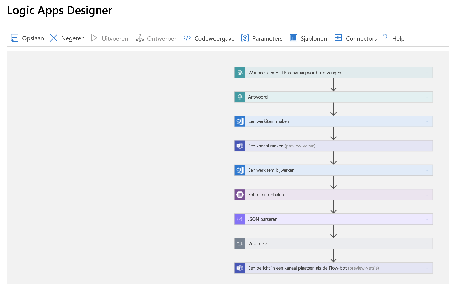 Screenshot of a zoomed out view of a logic app as displayed in the Logic Apps Designer.