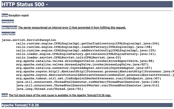 Een schermafbeelding van een mislukte Java-app met de HTTPS-status 500-fout.