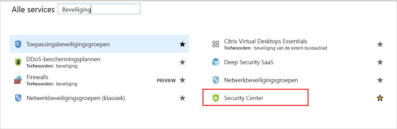 Schermopname van het deelvenster Alle services met Defender voor Cloud gemarkeerd.