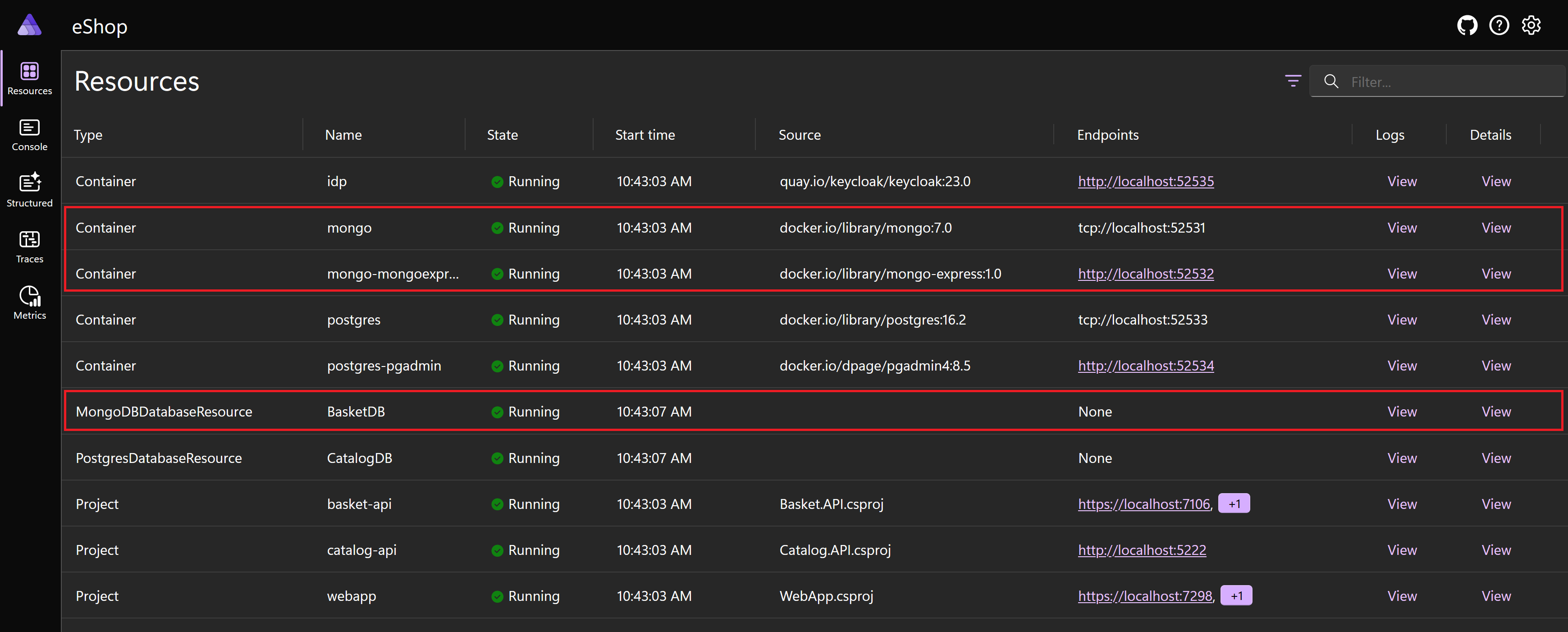 Een schermopname van het .NET Aspire-dashboard, met de MongoDB-containers gemarkeerd.