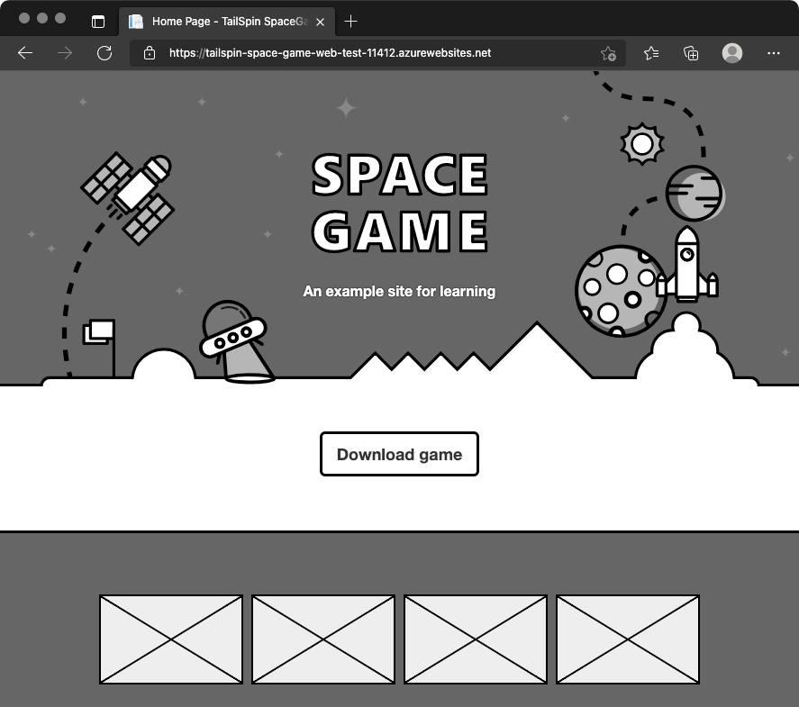 Een schermopname van een webbrowser met de Space Game-website in de testomgeving.