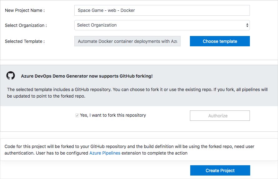 Schermopname van het maken van een project via Azure DevOps Demo Generator.