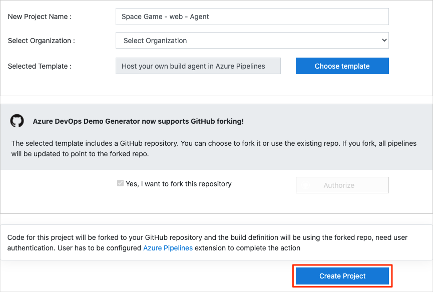 Een schermopname van het scherm Azure DevOps Demo Generator Nieuw project maken met de knop Project maken gemarkeerd.