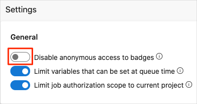 Schermopname van Azure DevOps waarin wordt getoond hoe u anonieme toegang tot badges kunt uitschakelen.