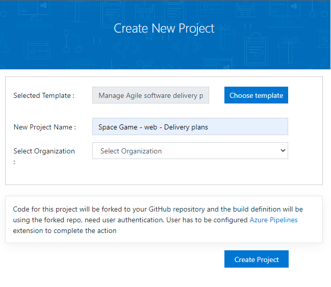 Schermopname van het maken van een project via de Azure DevOps-demogenerator.