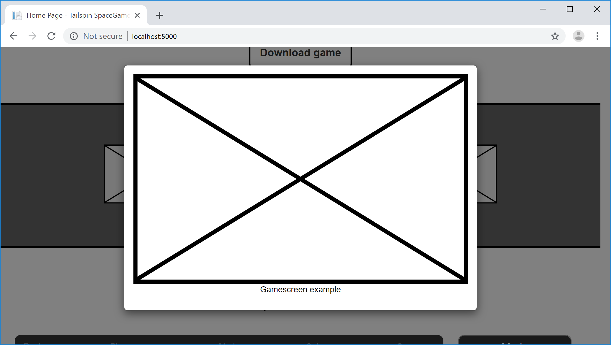 Schermopname van een browser met het modale venster van het gamescherm op de website van Space Game.