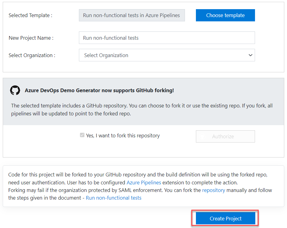 Schermopname voor het maken van een project via de Azure DevOps-demogenerator.