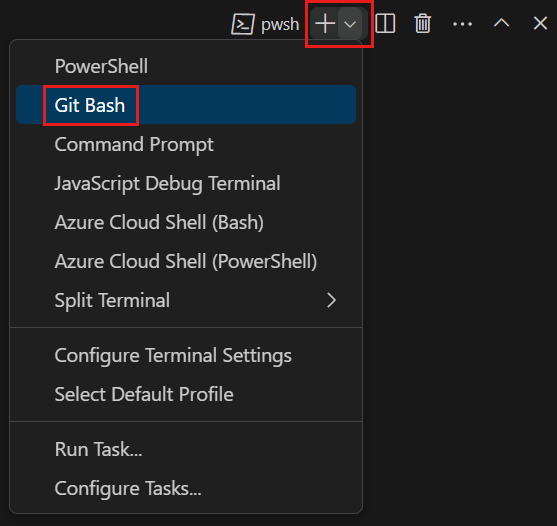 A screenshot of Visual Studio Code showing the location of the Git Bash shell.