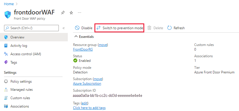 Schermopname van de knop Overschakelen naar de preventiemodus op de overzichtspagina van WAF-beleid.