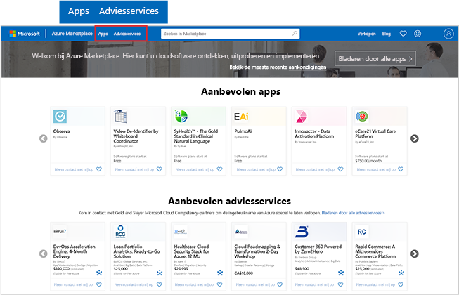 Schermopname van de startpagina van Azure Marketplace met nadruk op knoppen voor apps en adviesservices.