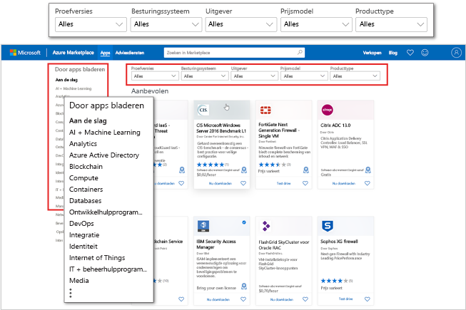 Schermopname van de landingspagina voor Azure Marketplace-apps met nadruk op toepassingscategorieën en -filters.