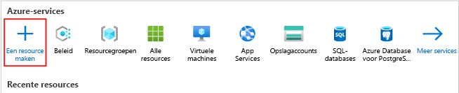 Schermopname van de startpagina van Azure Portal met nadruk op de knop Een resource maken.