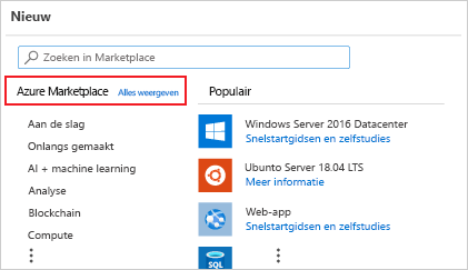 Schermopname van de nieuwe resourcepagina van Azure Portal met Azure Marketplace.