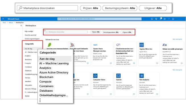 Schermopname van Azure Marketplace in Azure Portal met nadruk op toepassingscategorieën en filters.