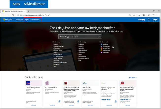 Schermopname van de startpagina van Microsoft AppSource met nadruk op knoppen voor apps en adviesservices.