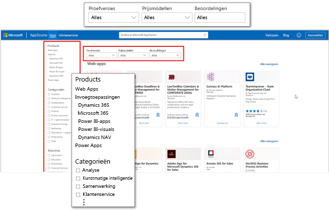 Schermopname van de landingspagina van Microsoft AppSource-apps met nadruk op toepassingscategorieën en -filters.