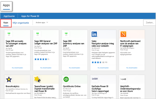 Schermopname van Microsoft AppSource-producten van de pagina Apps ophalen in het product in Power BI.