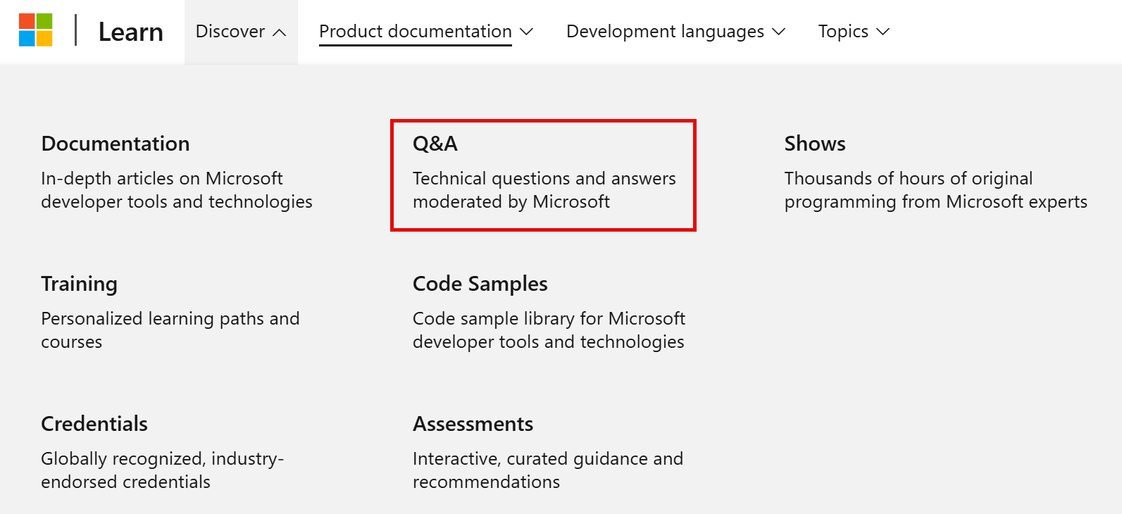 Schermopname van de startpagina van Microsoft Q&A.