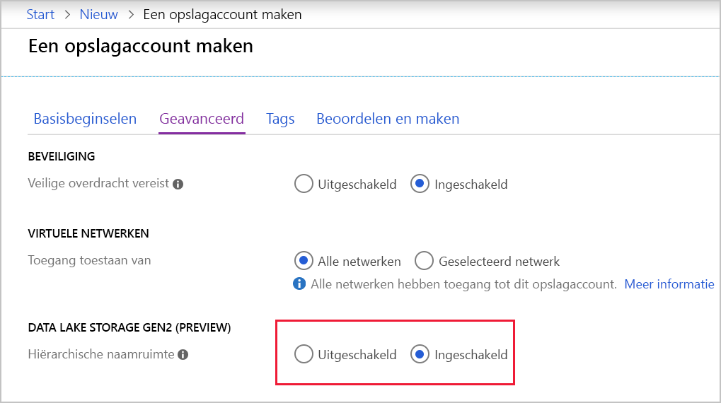 Schermopname van Geavanceerde instellingen voor Opslagaccount maken.