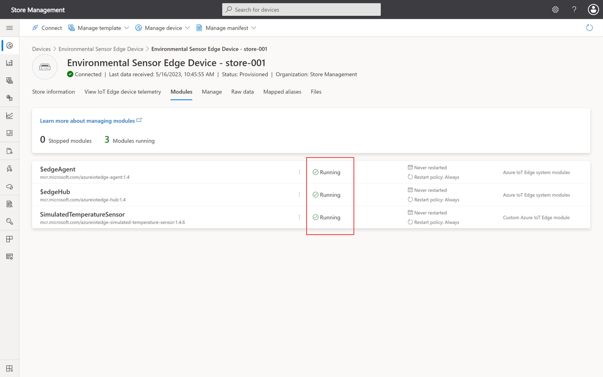 Schermopname van drie actieve modules op het IoT Edge-apparaat.