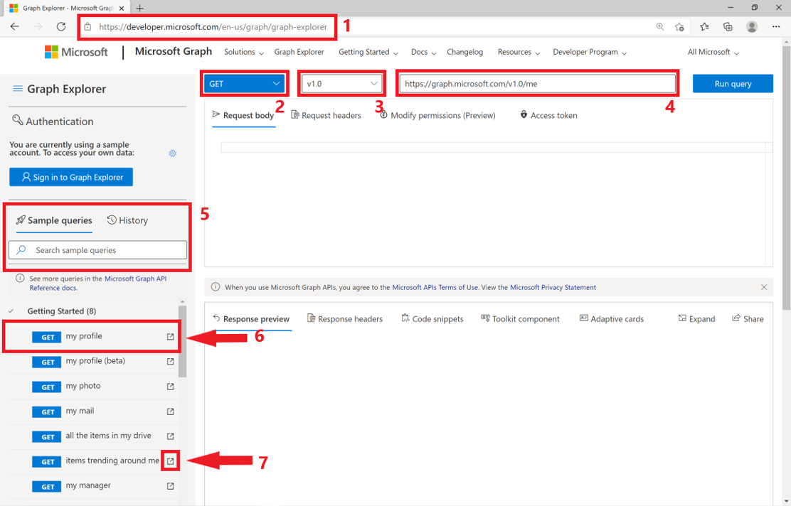 Screenshot that identifies parts of the Graph Explorer interface.