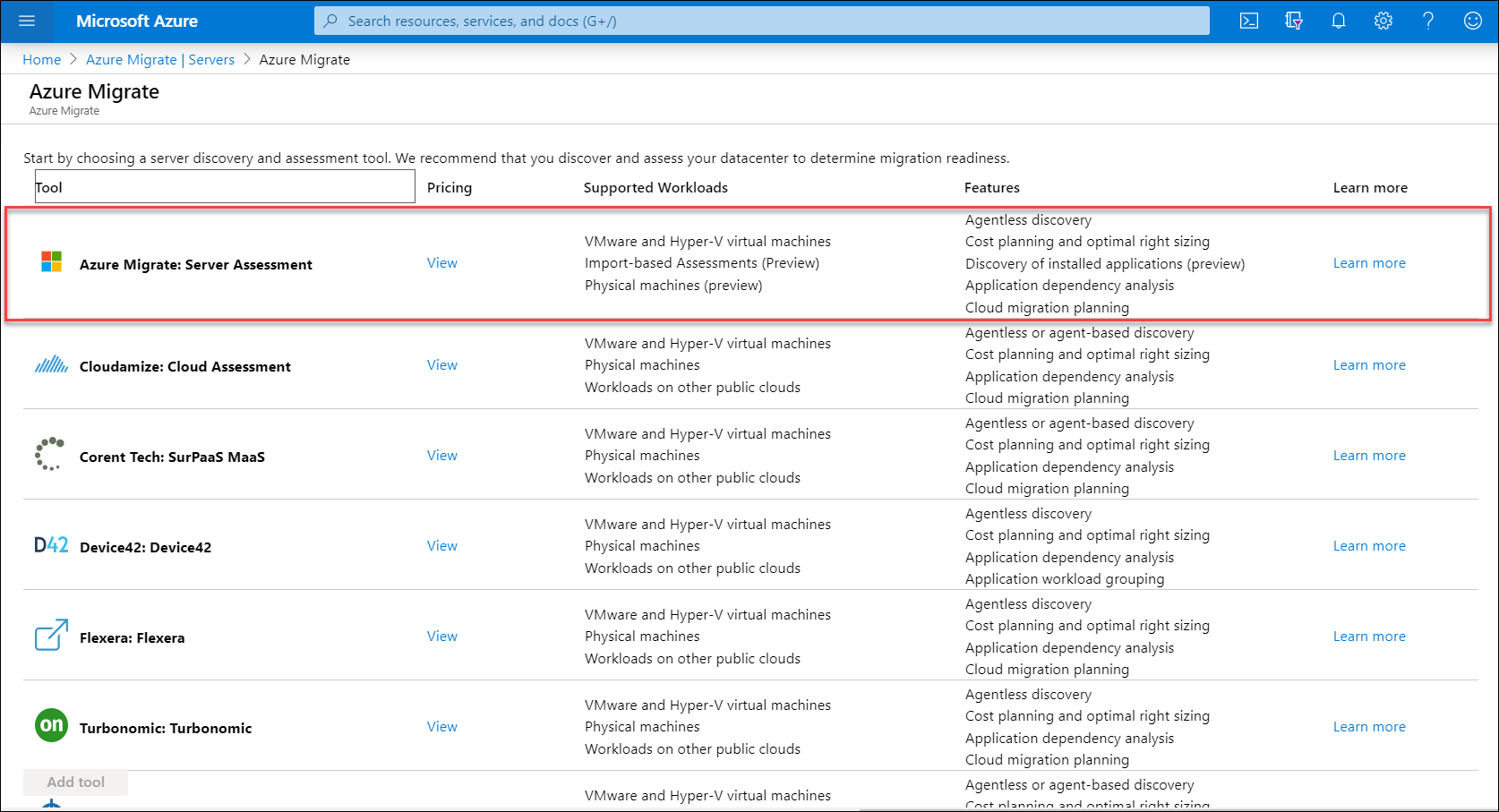 Screenshot of choose assessment tool.