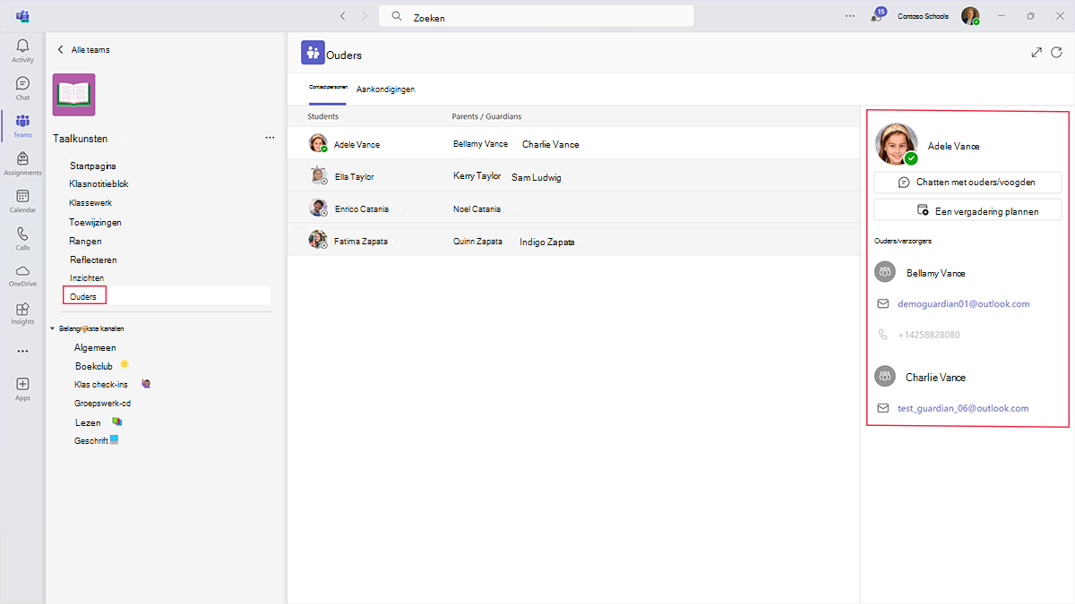 Schermopname van de app Ouders in een Microsoft-klasteam.